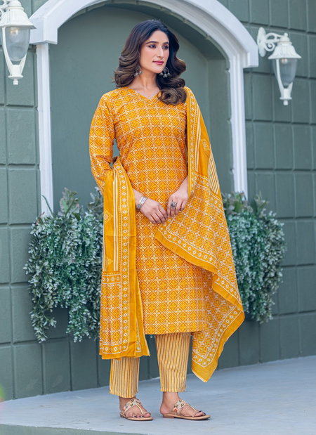 Yellow Colour Cotton Blend With Print Kurti With Pant Dupatta Wholesale Online Aaradhna 2029